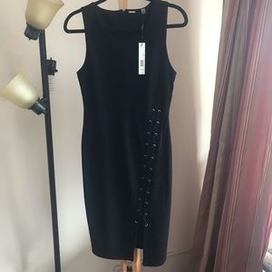 T Tahari Black Sleeveless Lace-Up Ponte Midi Dress; Mini Black Dress